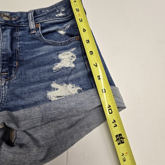 American Eagle Shortie Short Womens Size 4 Hi Rise Blue Cuffed Distressed Denim - Picture 13 of 14